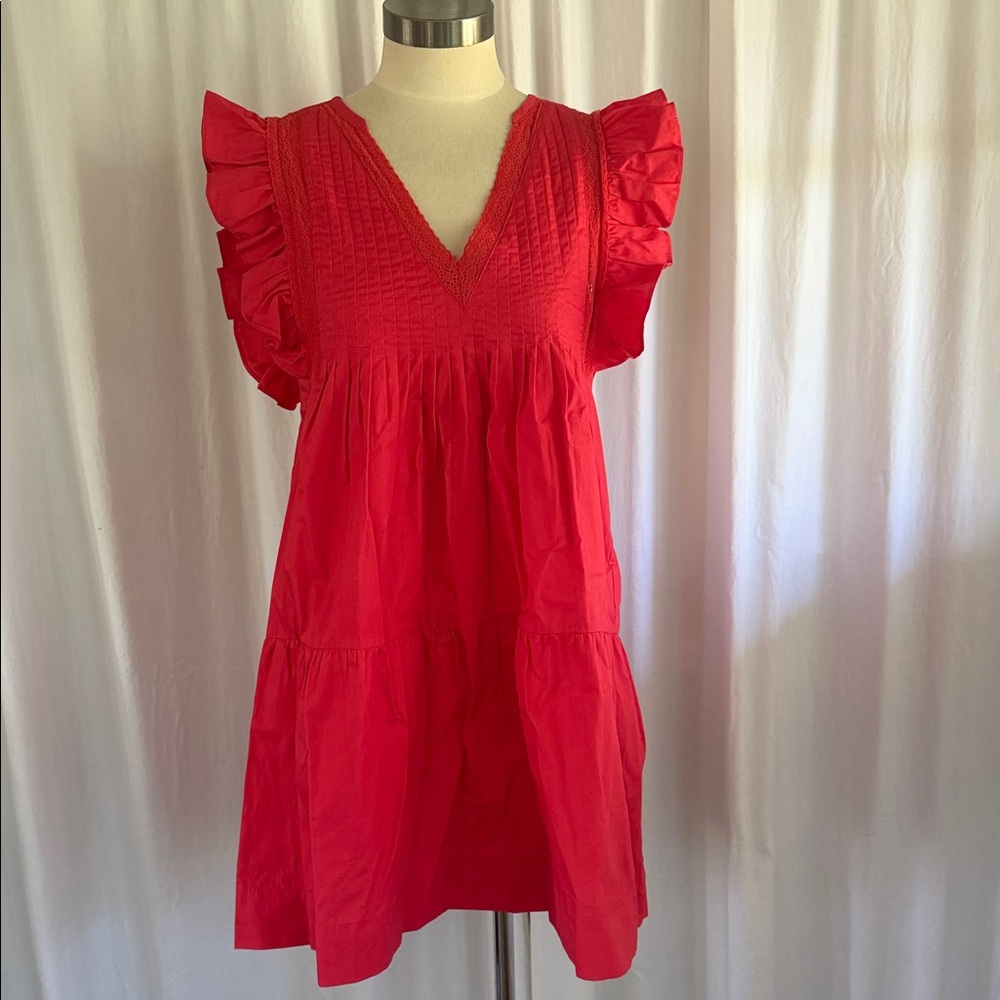 Coral Red Aqua Ruffle Sleeve Dress Sz XS